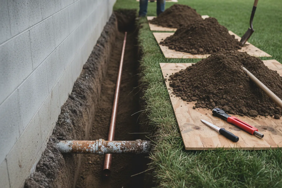 Excavated water line trench during Water Softener Installation in Platte City